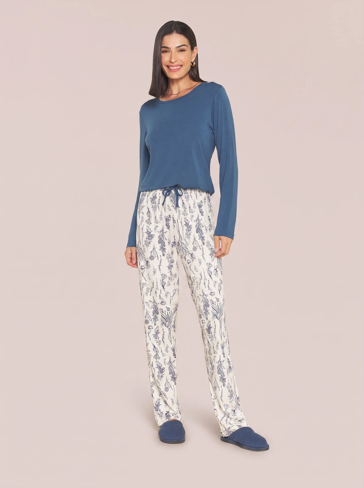 Pijama Longo Viscolycra Floral Azul/Off