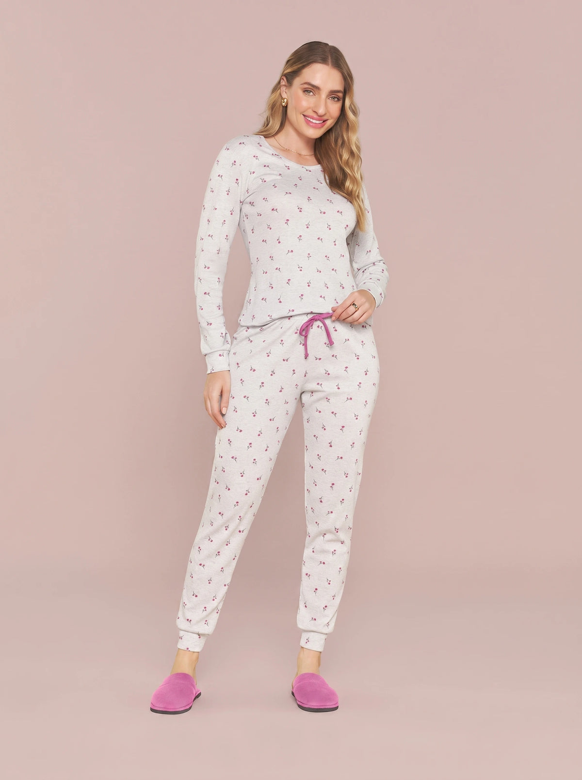 Pijama Longo Feminino Ribana Canelada Floral
