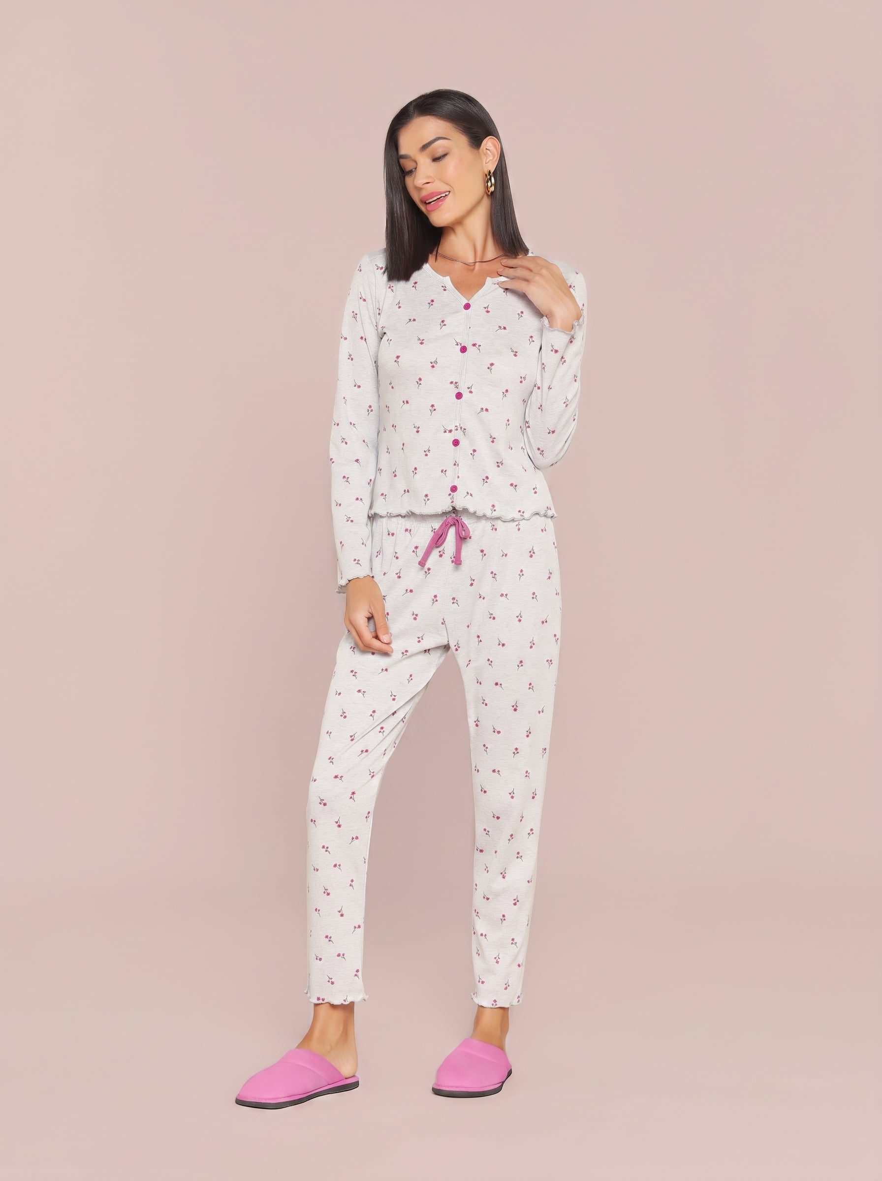 Pijama Longo Feminino Ribana Canelada Floral