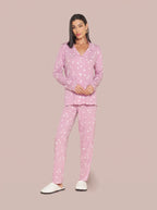 Pijama Longo Camisaria Viscolycra Coração Rosa/Branco