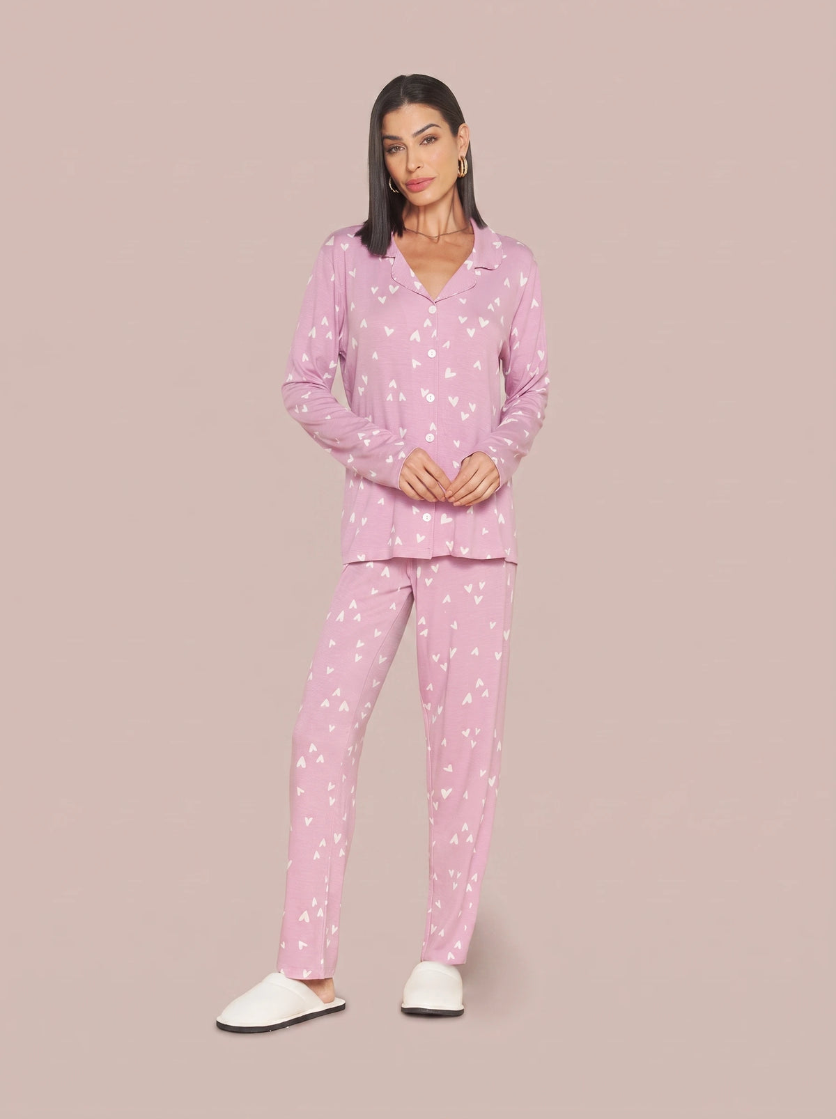Pijama Longo Camisaria Viscolycra Coração Rosa/Branco