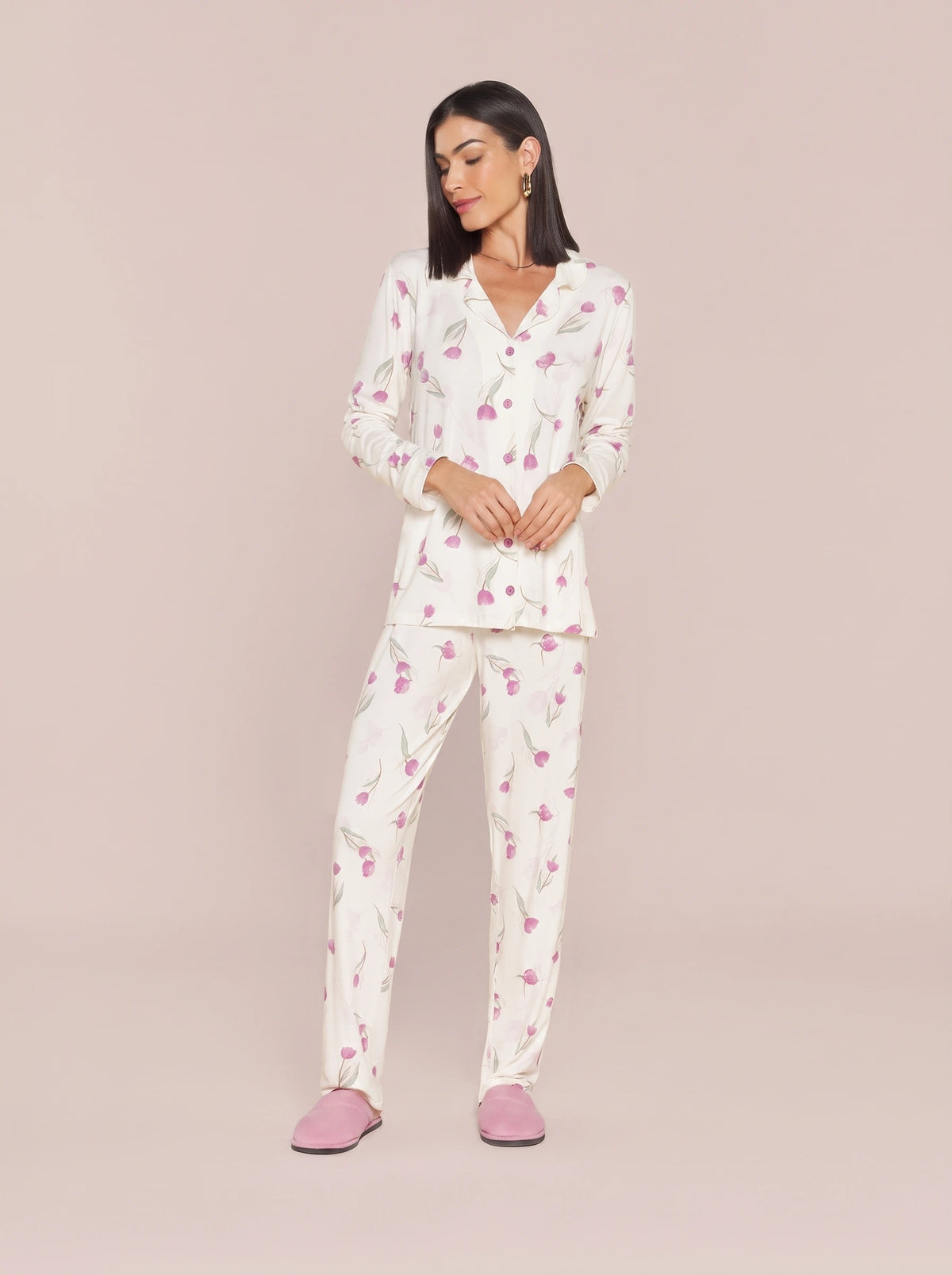 Pijama Feminino Longo Camisaria Floral Viscolycra
