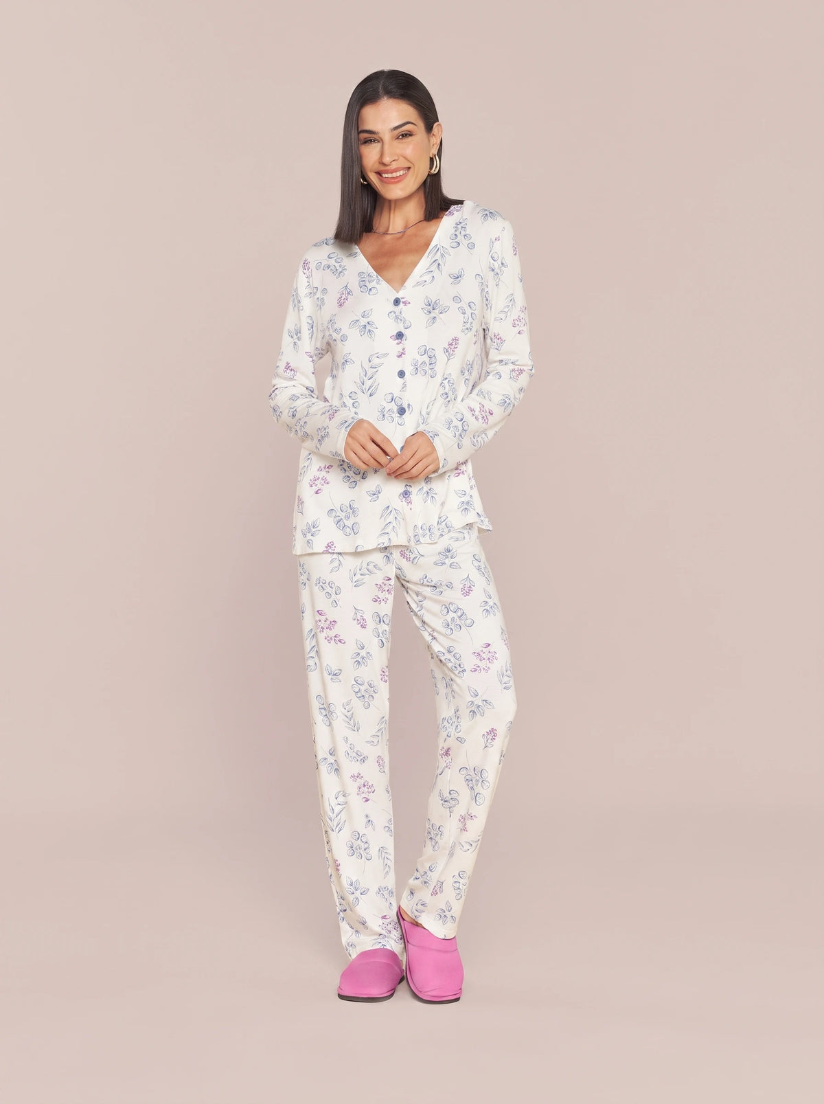 Pijama Longo Camisaria Feminino Viscolycra Floral