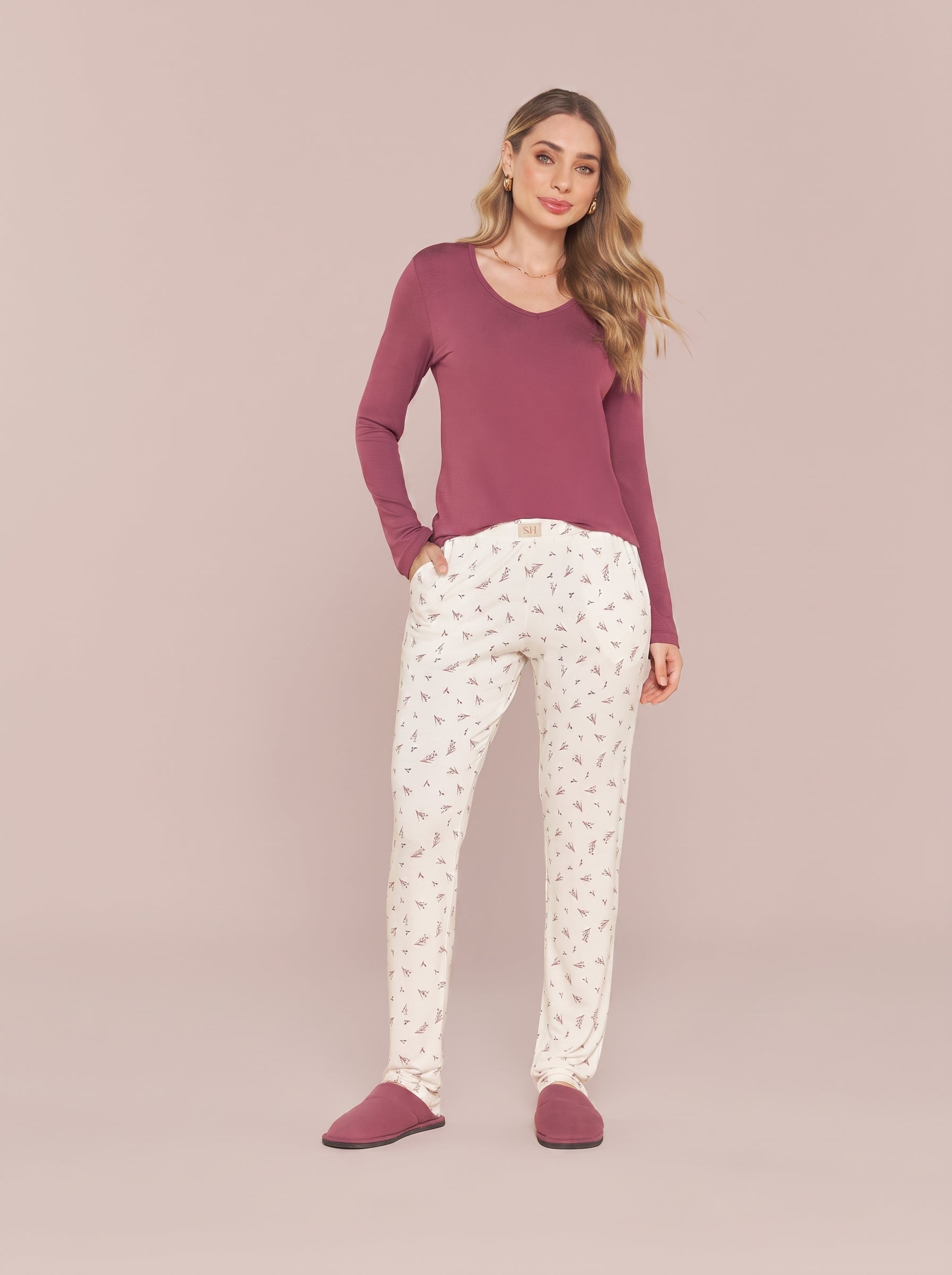 Pijama Longo Feminino Viscolycra Bordo/floral