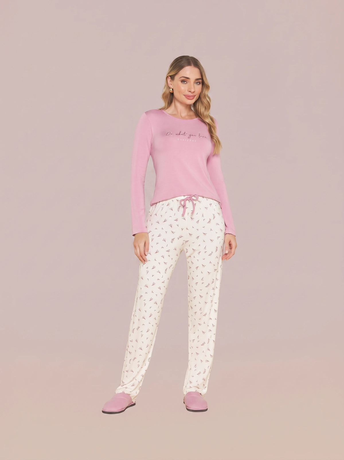 Pijama Longo Feminino Viscolycra Rosa/floral