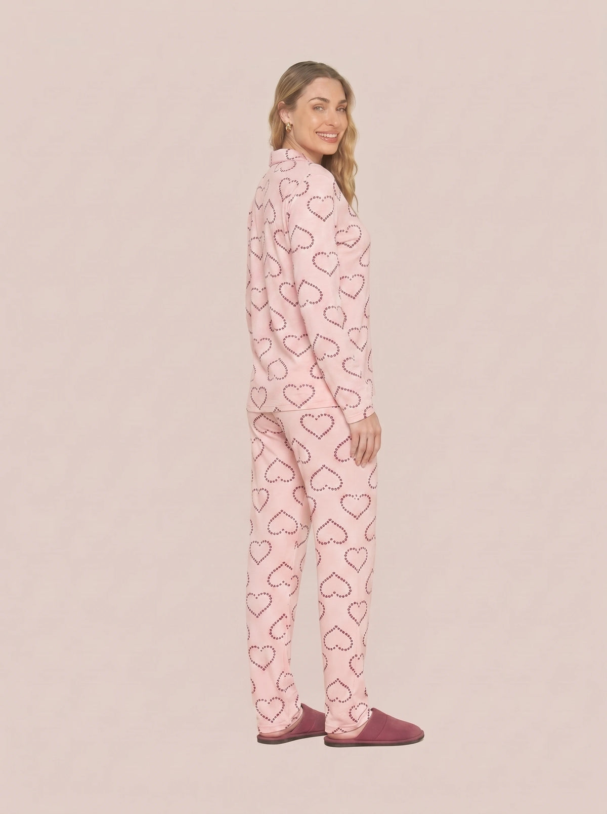 Pijama Longo Camisaria Viscolycra Coração Rosa