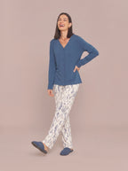 Pijama Longo Camisaria Viscolycra Floral Azul/Off