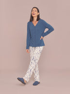 Pijama Longo Camisaria Viscolycra Floral Azul/Off