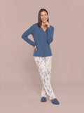 Pijama Longo Camisaria Viscolycra Floral Azul/Off