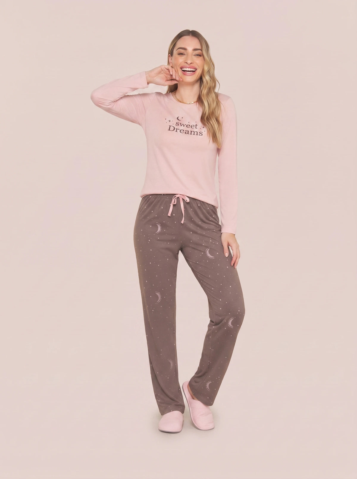 Pijama Longo Feminino Adulto Algodão Luar