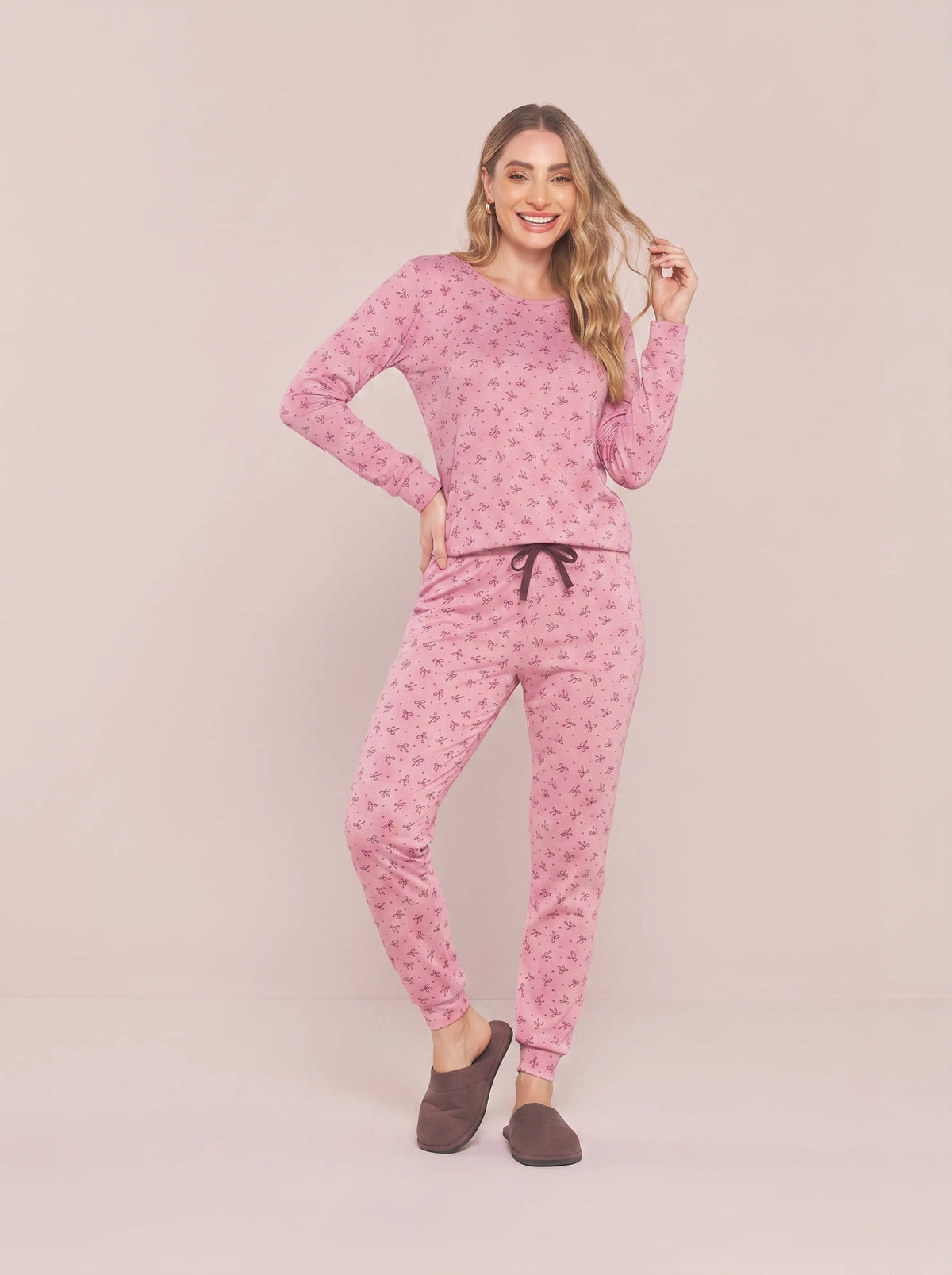 Pijama Longo Feminino Ribana Canelada Floral Completo