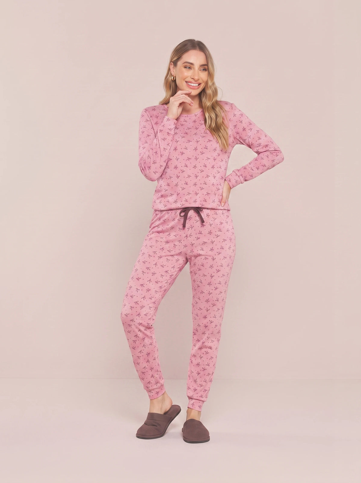 Pijama Longo Feminino Ribana Canelada Floral Completo