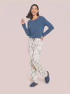 Pijama Longo Viscolycra Floral Azul/Off