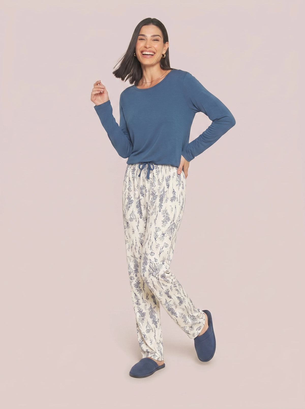 Pijama Longo Viscolycra Floral Azul/Off