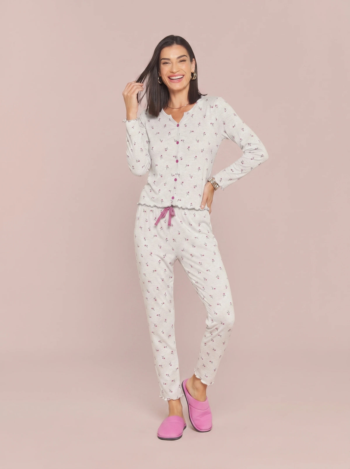 Pijama Longo Feminino Ribana Canelada Floral