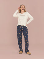 Pijama Longo Feminino Malha Peletizada Azul/OFF