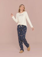 Pijama Longo Feminino Malha Peletizada Azul/OFF