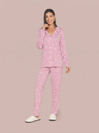 Pijama Longo Camisaria Viscolycra Coração Rosa/Branco
