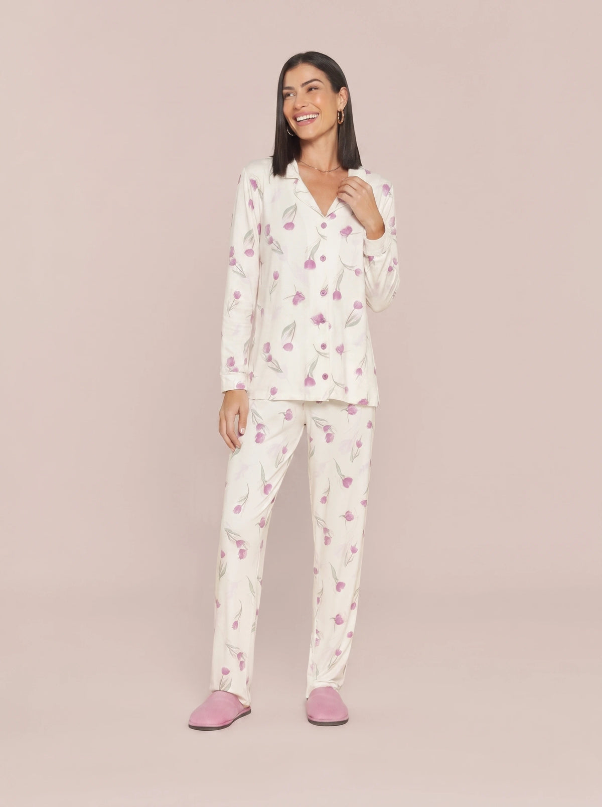 Pijama Feminino Longo Camisaria Floral Viscolycra
