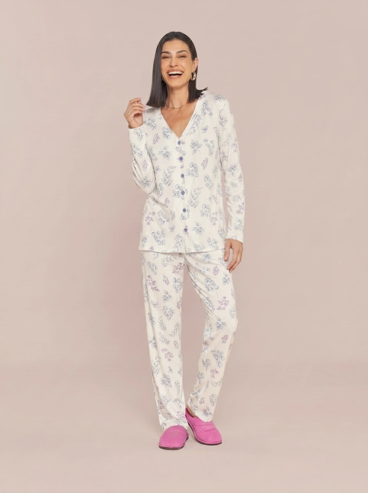 Pijama Longo Camisaria Feminino Viscolycra Floral
