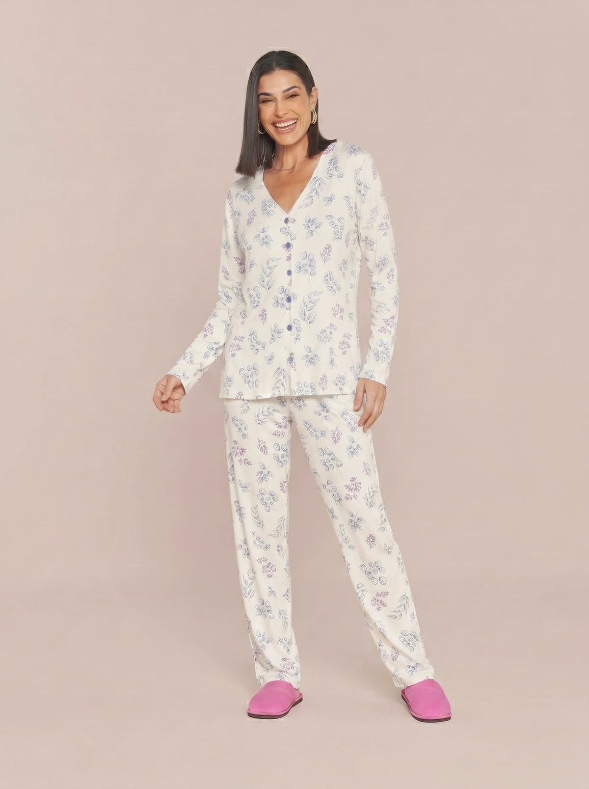 Pijama Longo Camisaria Feminino Viscolycra Floral